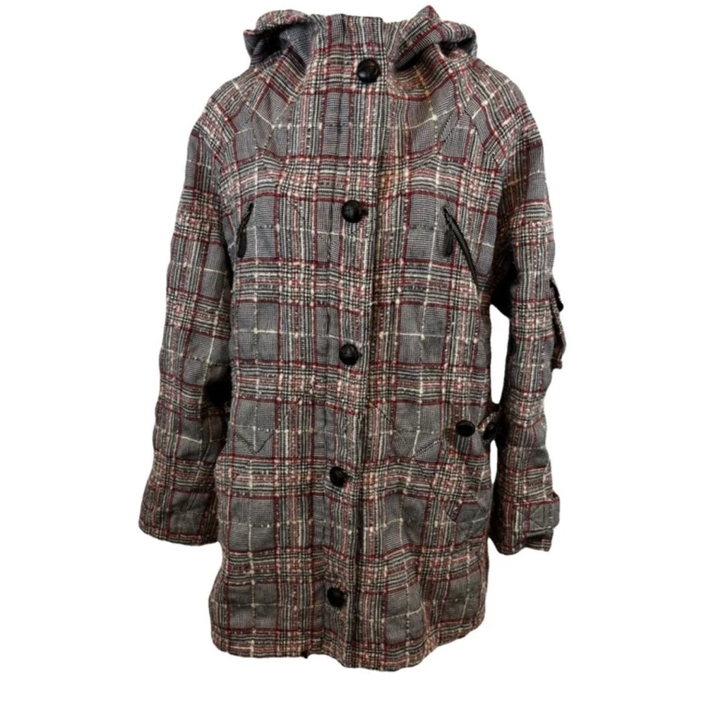 L.A.M.B 2008 size small outdoors plaid attached purse hoodie midi jacket.